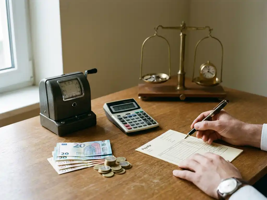 Eurobankbiljetten en munten naast prikklok en calculator, hand vult loonstrook in op houten bureau, salarisberekening