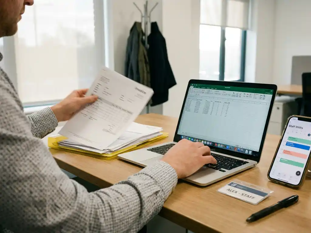 Ondernemer ordent urenstaten en facturen in map en voert data in laptop, smartphone toont personeelsplanning op bureau