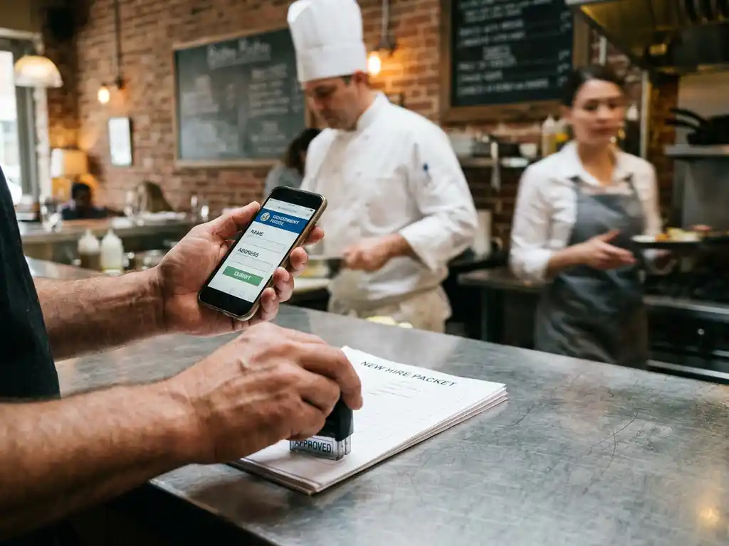 Restaurantmanager vult online overheidsformulier in op smartphone en stempelt onboardingpapieren; chef en serveerster op achtergrond