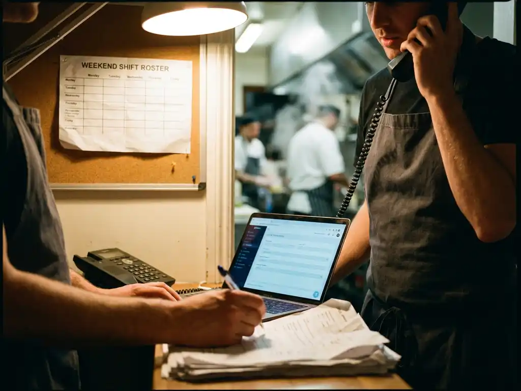 Restaurantmanager met schort neemt telefoon op en vult formulieren in bij laptop, met weekendrooster met lege diensten op de muur