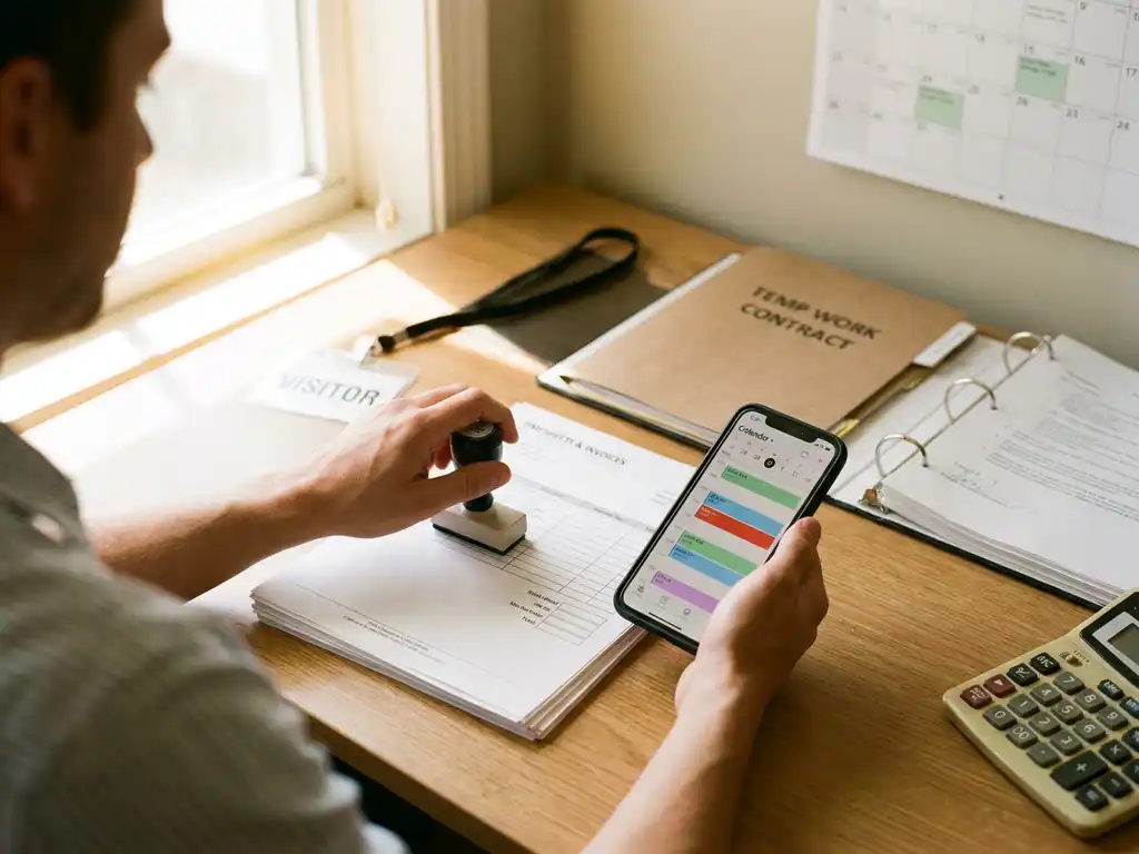 Ondernemer stempelt facturen en urenstaten en bekijkt roosterapp op smartphone in moderne kantooromgeving met contractmap.