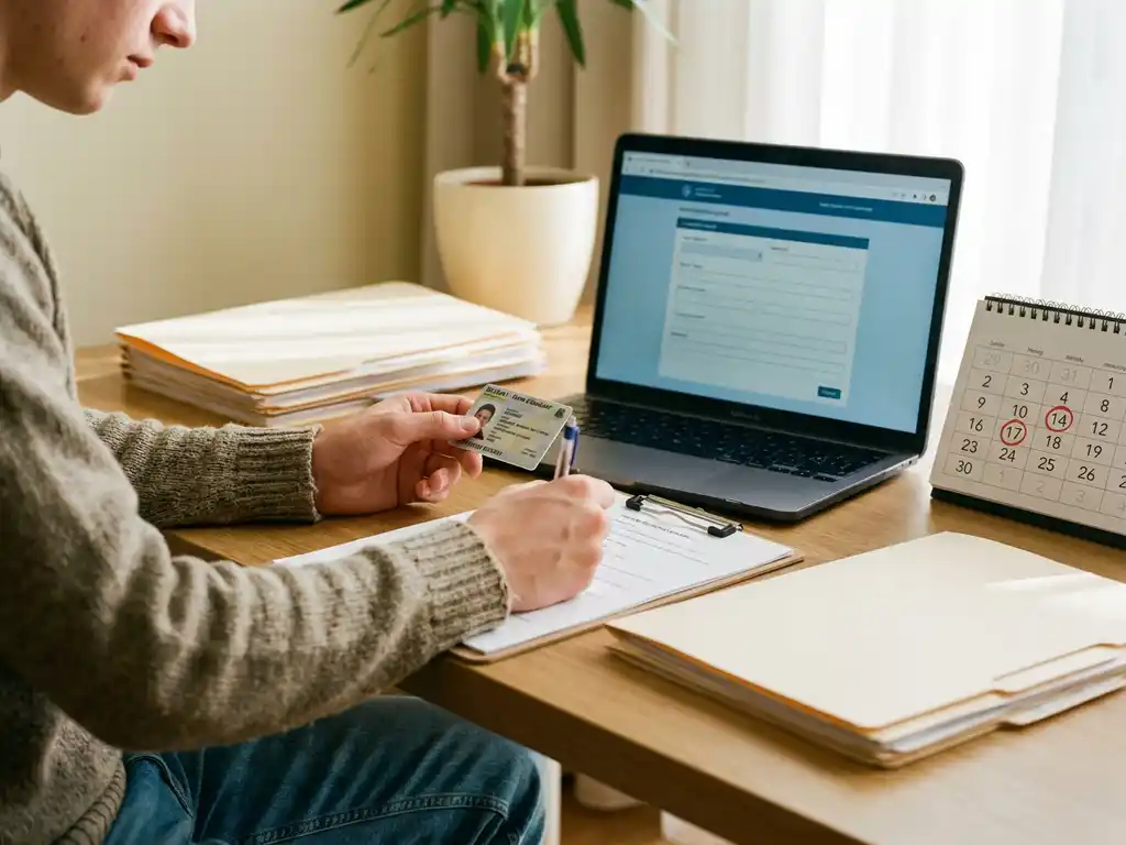 Belgische student tekent contract met ID-kaart aan bureau, laptop met administratief portaal en papieren in thuiswerkplek