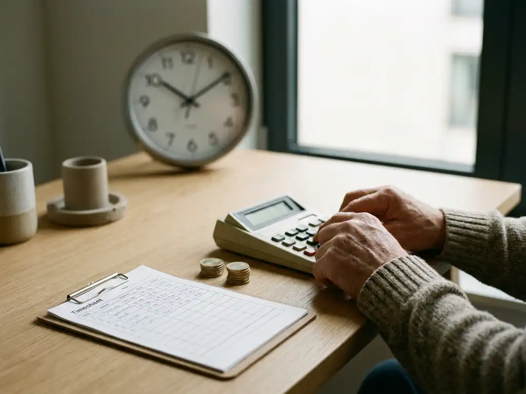 Werkgevershanden berekenen uurkosten met calculator, euro munten en urenstaat op bureau, klok op achtergrond, natuurlijk licht