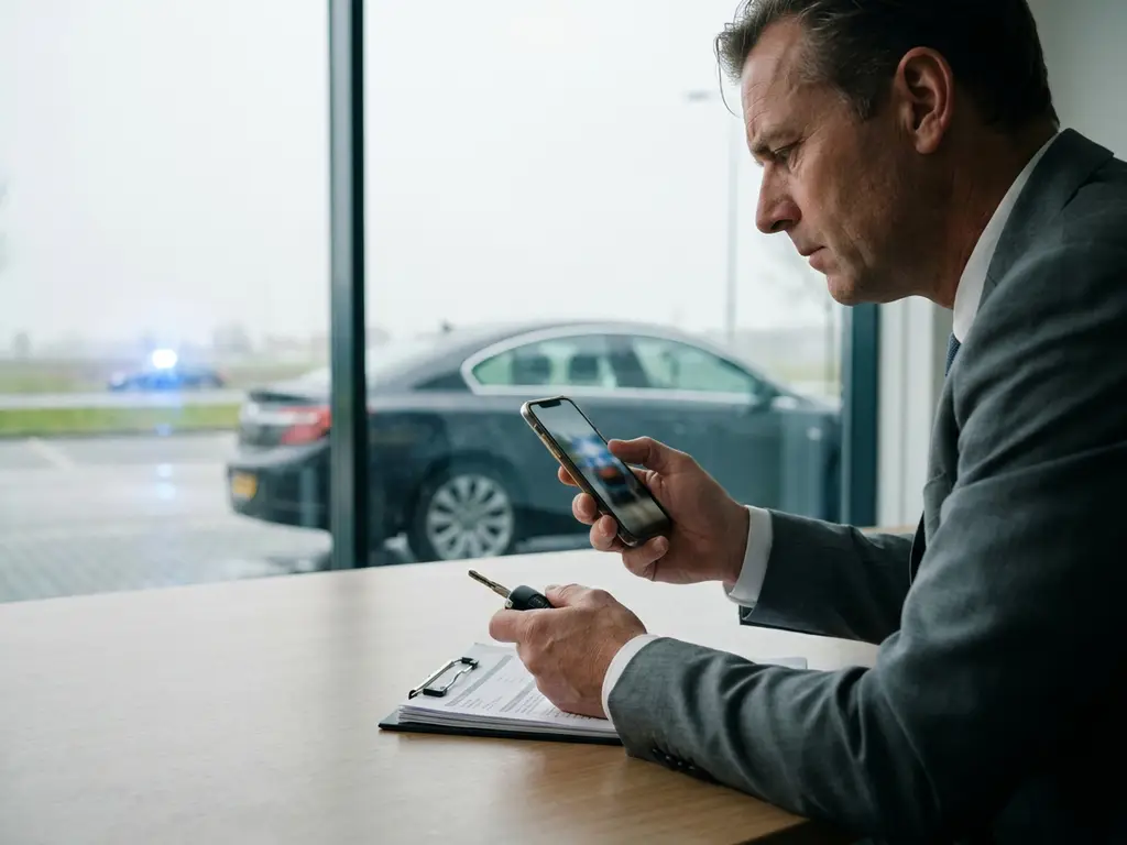 Nederlandse werkgever houdt autosleutels en clipboard vast en kijkt naar smartphone met flitsboete; bedrijfsauto buiten kantoorraam
